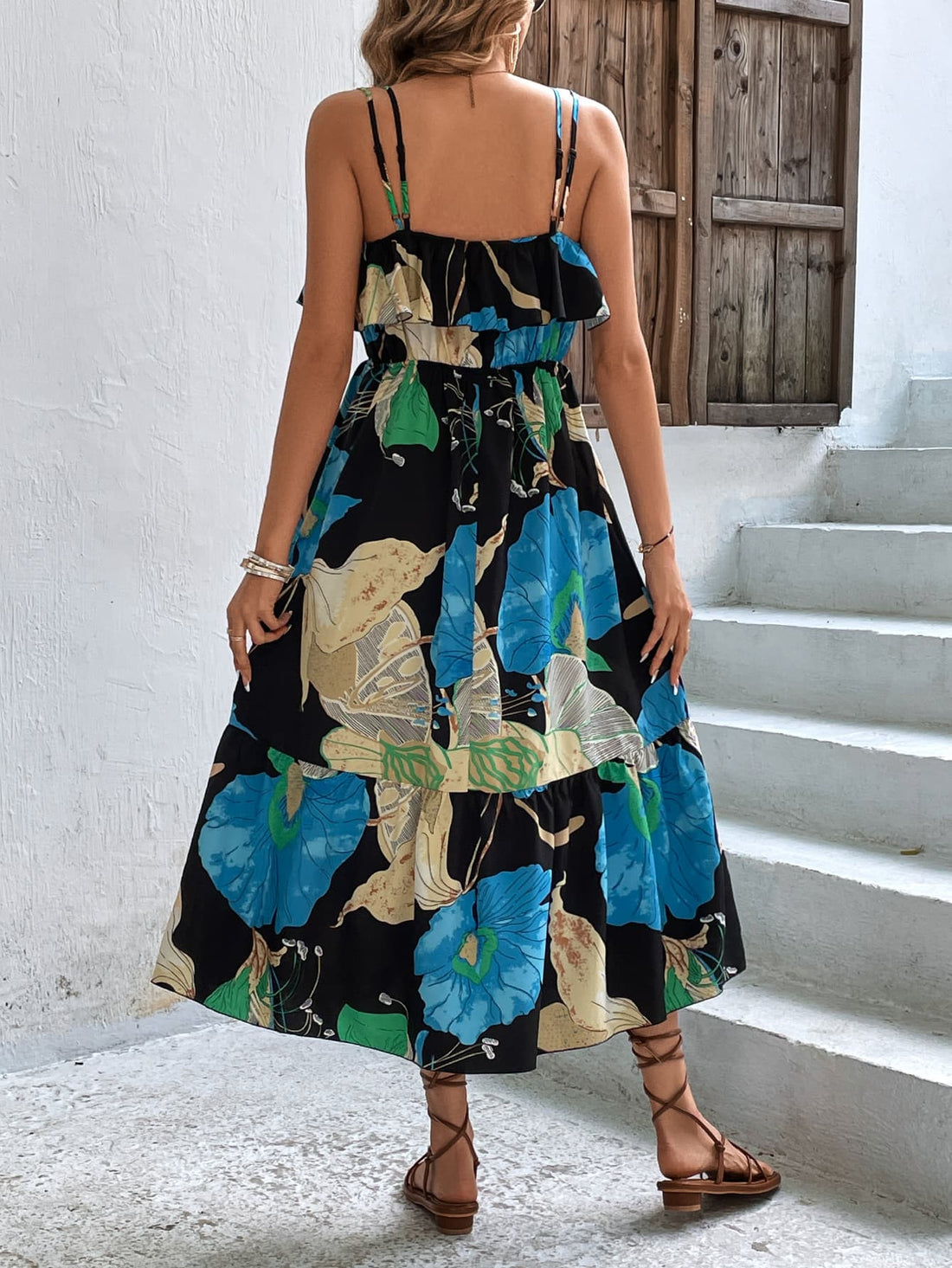 Floral Double-Strap Ruffle Hem Dress