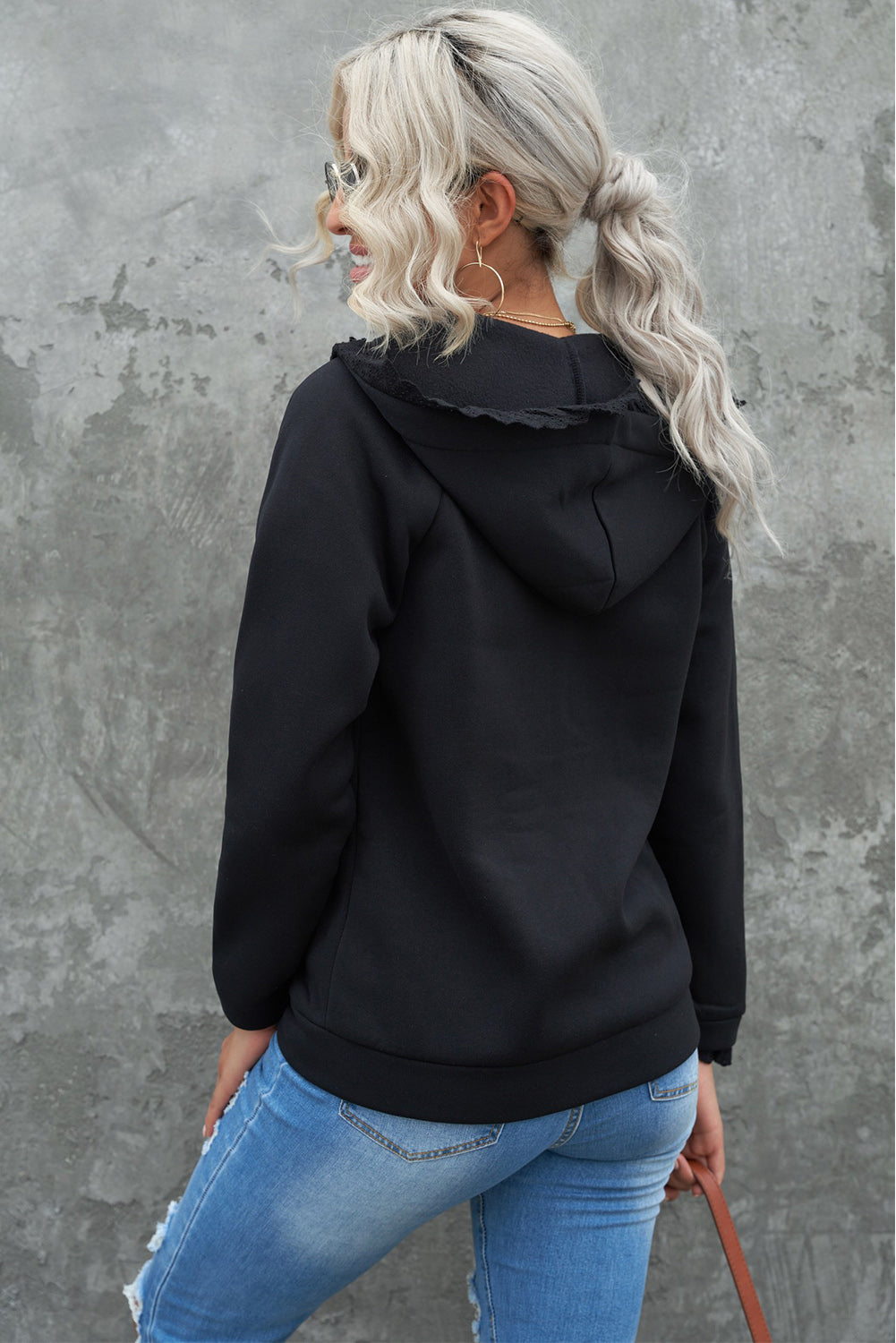 Lace Trim Zip-Up Hooded Jacket