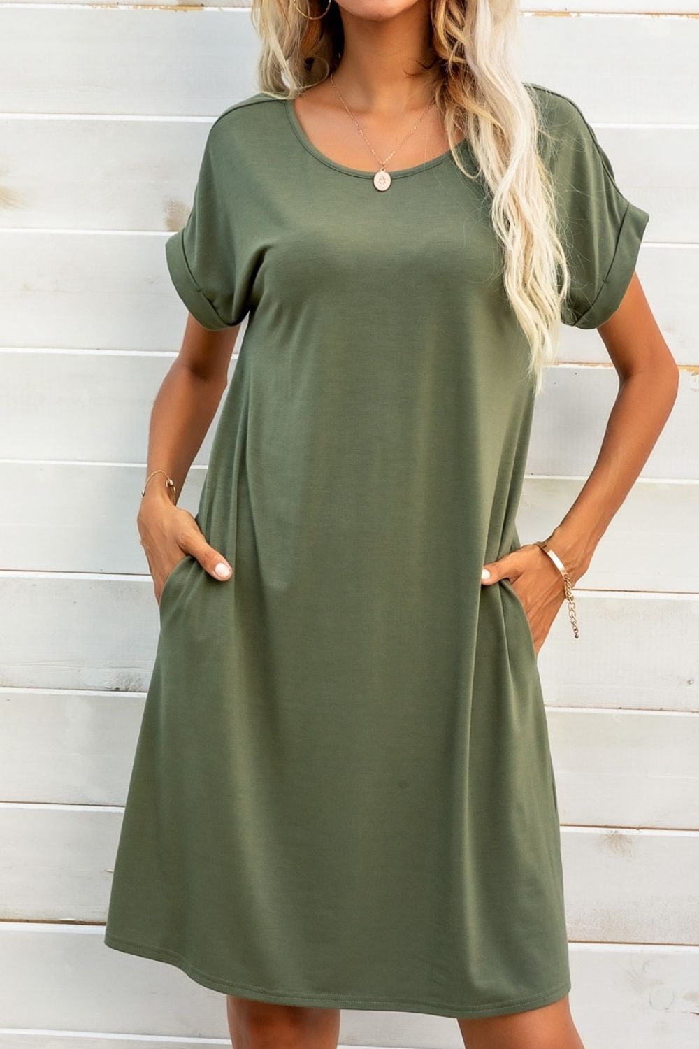 Scoop Neck Short Sleeve Pocket Dress