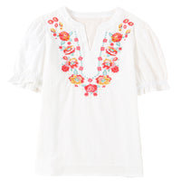 Embroidered Notched Neck Flounce Sleeve Top