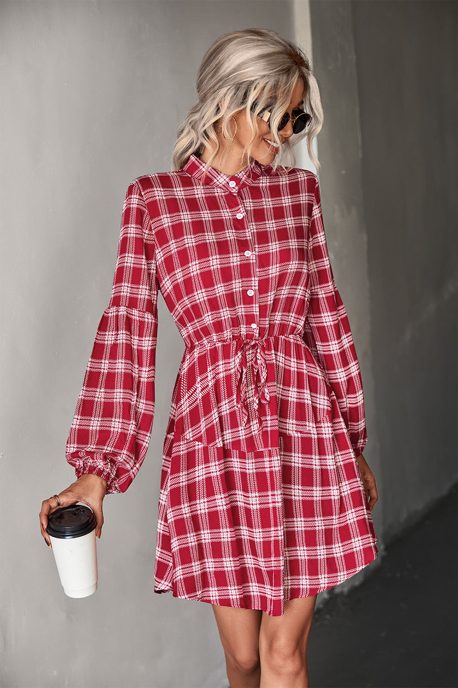 Plaid Band Collar Drawstring Shirt Dress