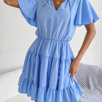 Tie Neck Tiered Flutter Sleeve Mini Dress