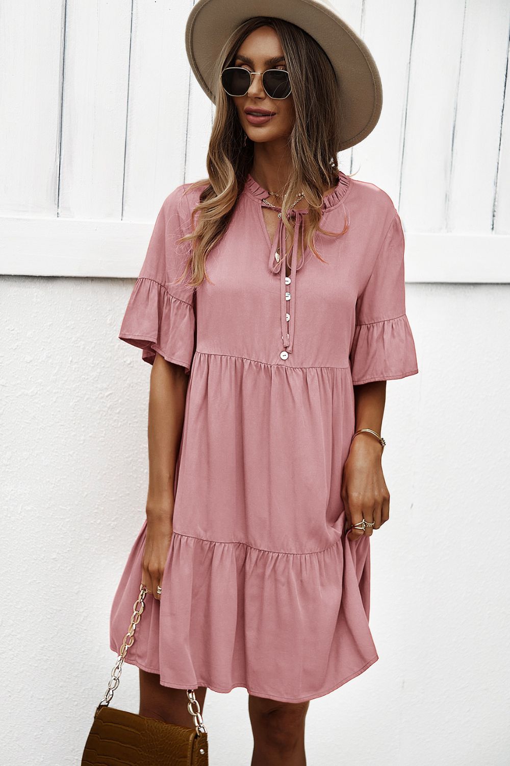 Buttoned Tie Neck Tiered Mini Dress