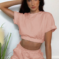 Short Sleeve Cropped Top and Drawstring Shorts Lounge Set