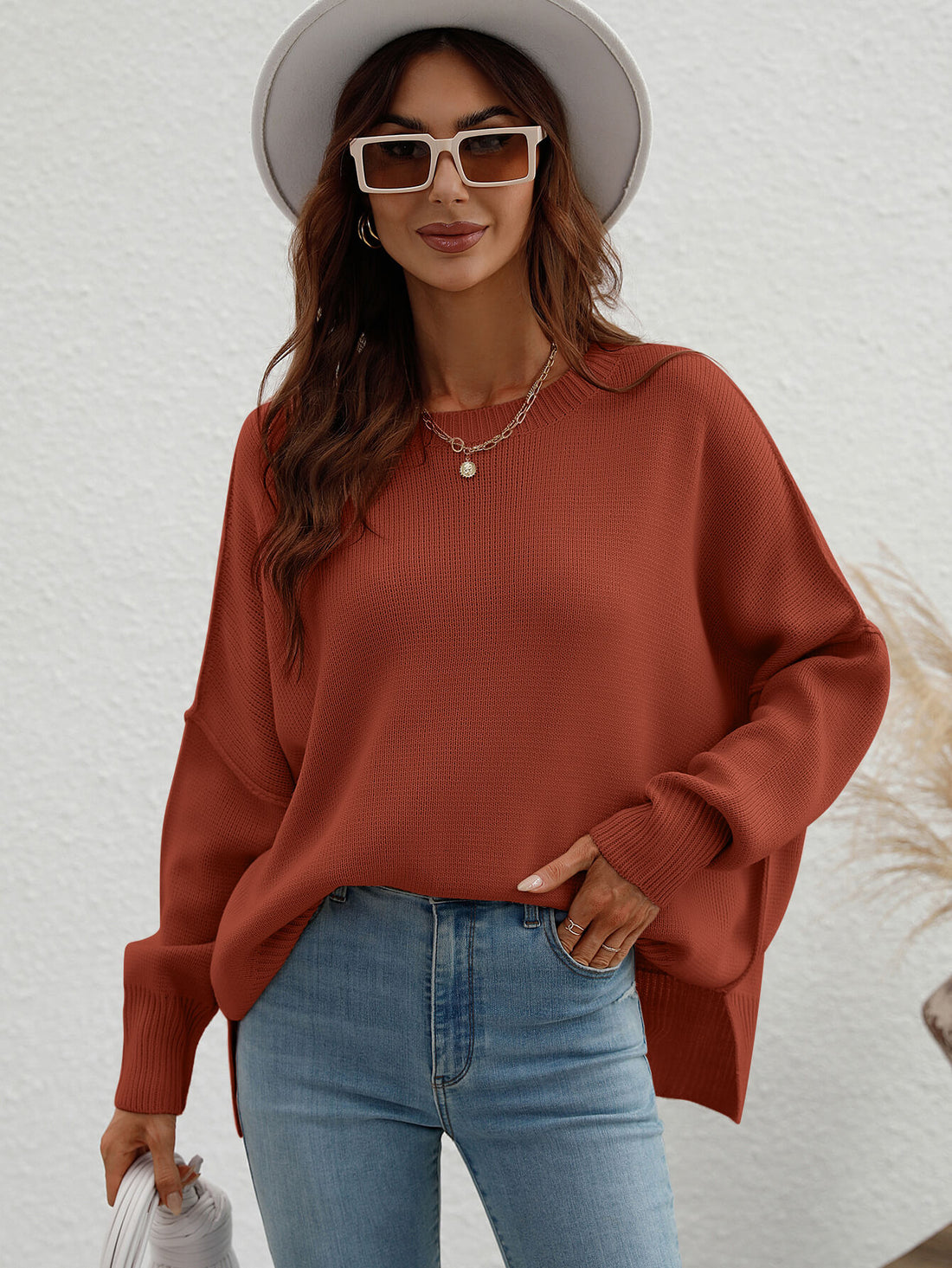 Exposed Seam Dropped Shoulder Slit Sweater