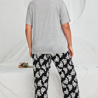 Plus Size V-Neck Tee and Floral Pants Lounge Set