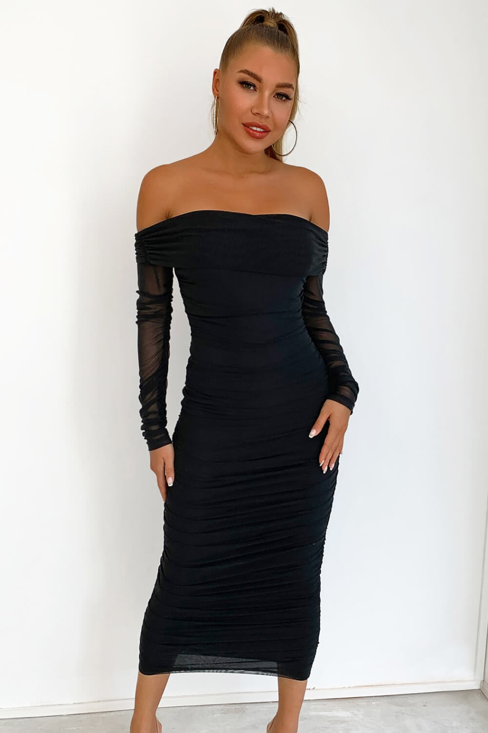 Off-Shoulder Ruched Midi Bodycon Dress