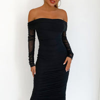 Off-Shoulder Ruched Midi Bodycon Dress