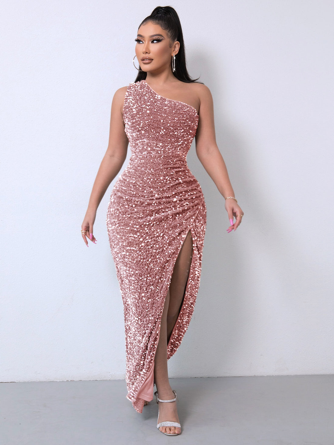 Sequin One Shoulder Split Maxi Dress