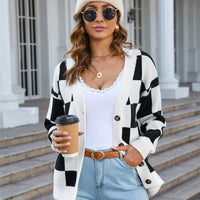 Button-Up Plaid V-Neck Dropped Shoulder Cardigan