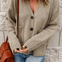 Ribbed Trim Button Down Cardigan with Pockets