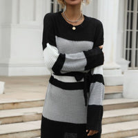 Color Block Belted Round Neck Sweater Dress