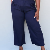 And The Why In The Mix Full Size Pleated Detail Linen Pants in Dark Navy