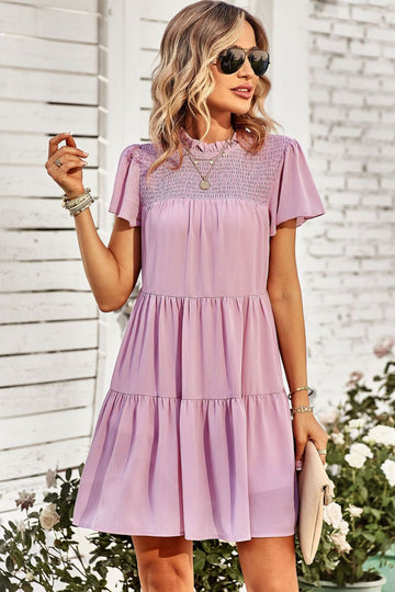 Smocked Puff Sleeve Tiered Mini Dress