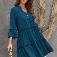 Frill Trim Three-Quarter Flare Sleeve Dress