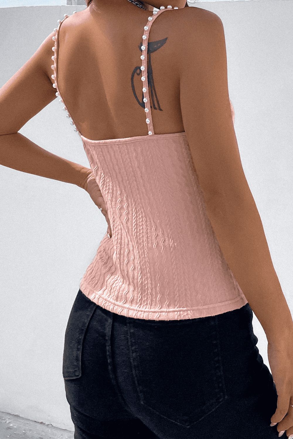 Beads Detail Spaghetti Straps Cable-Knit Cami