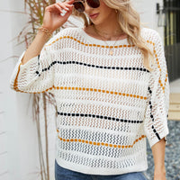 Striped Openwork Three-Quarter Sleeve Knit Top