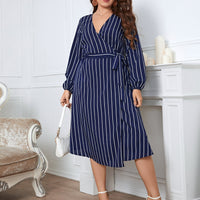 Melo Apparel Plus Size Striped Surplice Neck Long Sleeve Dress