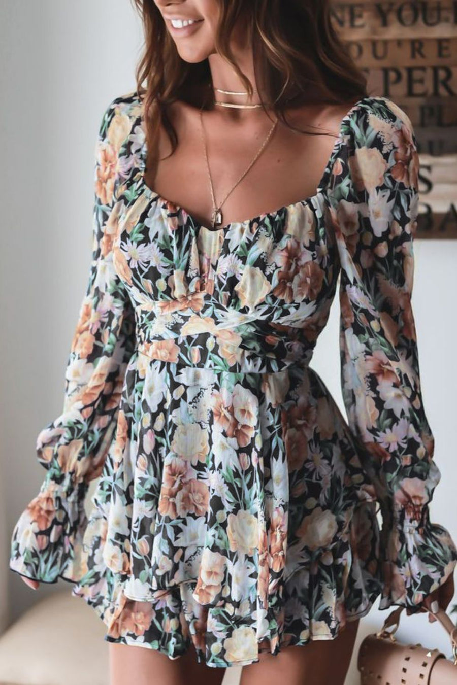 Floral Sweetheart Neck Flounce Sleeve Romper