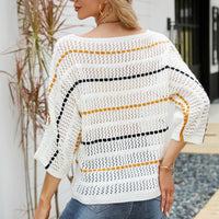 Striped Openwork Three-Quarter Sleeve Knit Top