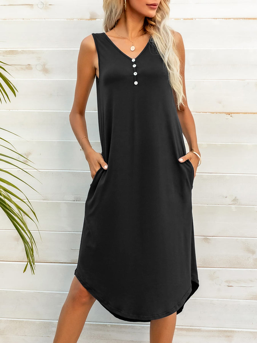 V-Neck Curved Hem Sleeveless Dress