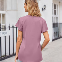 Notched Neck Flutter Sleeve Satin Top