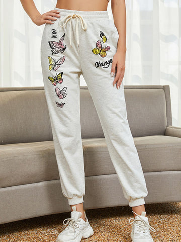 Tie Front Butterfly Graphic Long Pants