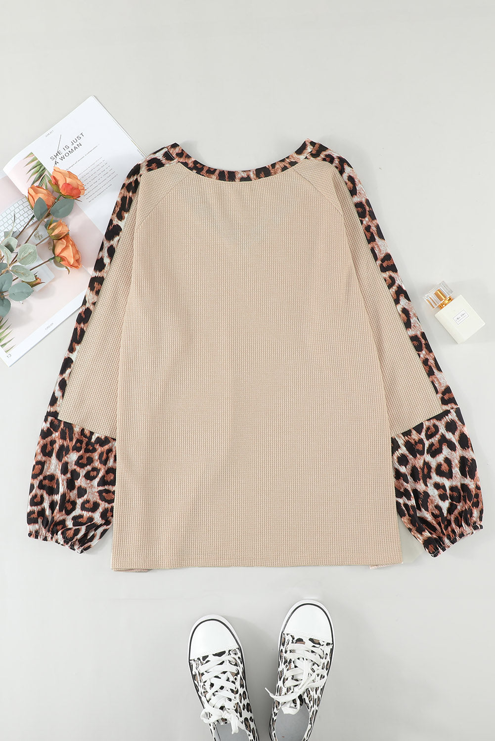 Plus Size Leopard Waffle-Knit Raglan Sleeve Top