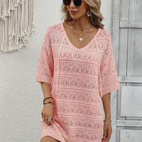 Openwork V-Neck Mini Knit Dress