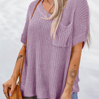 Side Slit V-Neck Short Sleeve Sweater