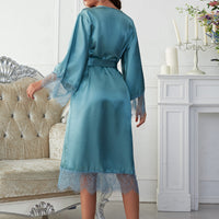 Scalloped Trim Tie-Waist Spliced Lace Robe