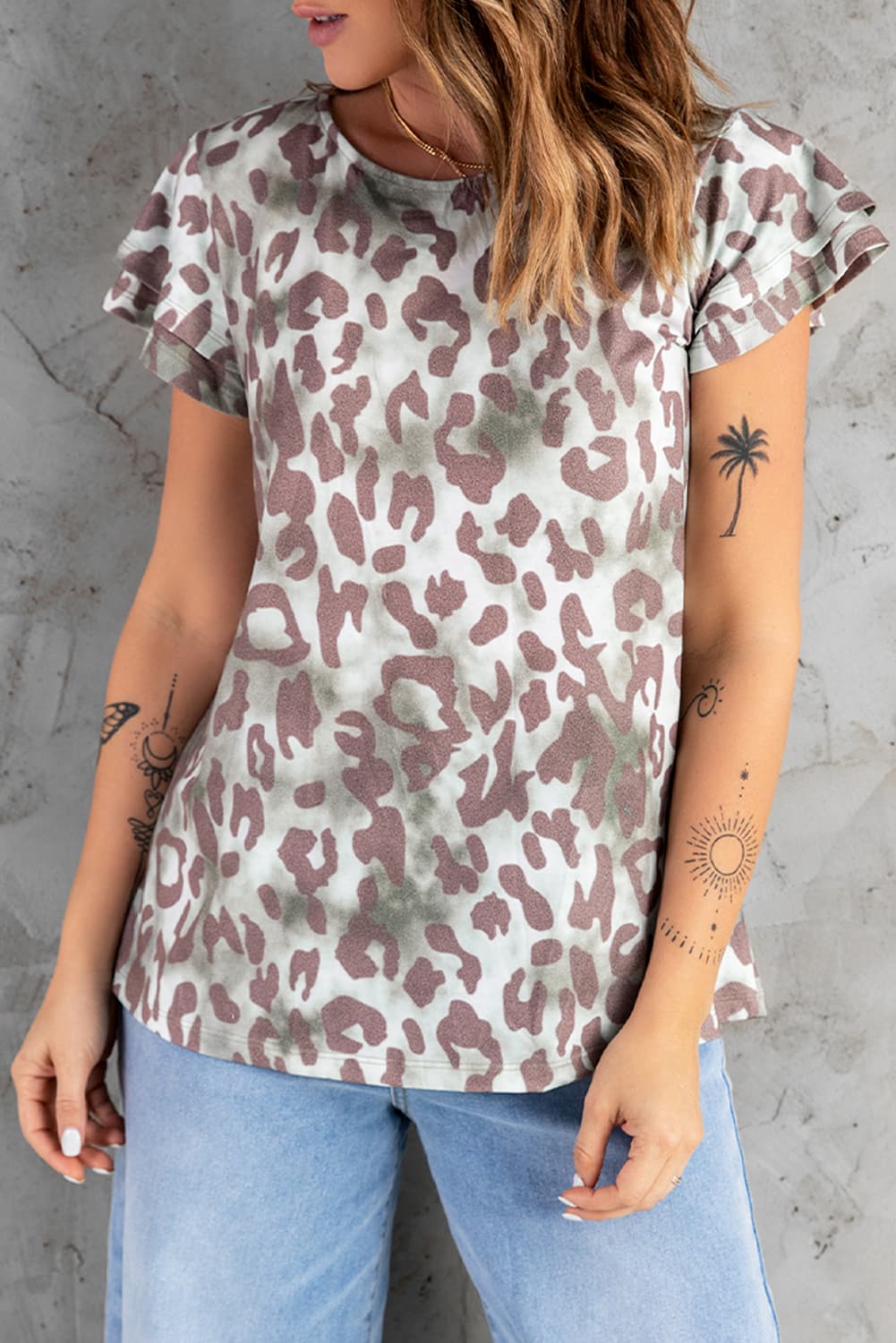 Leopard Layered Flutter Sleeve Tee Shirt