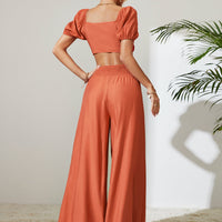 Tie Front Cropped Top and Smocked Wide Leg Pants Set