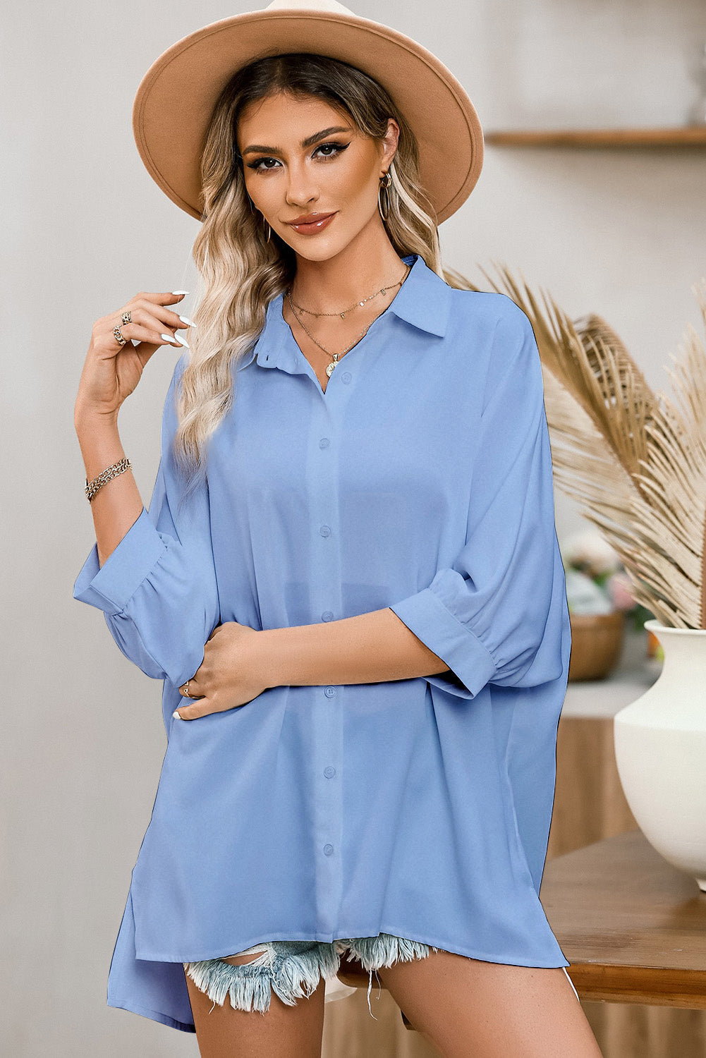 Three-Quarter Sleeve Slit Shirt