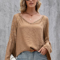 V-Neck Spliced Lace Flare Sleeve Top