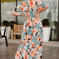 Floral Slit Plunge Short Sleeve Dress