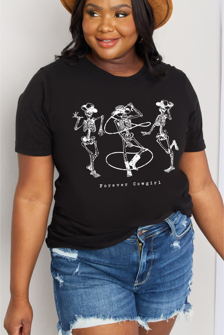 Simply Love Full Size FOREVER COWGIRL Dancing Skeleton Graphic Cotton Tee