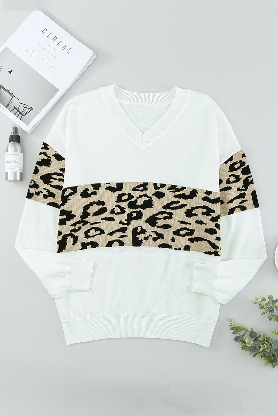 Leopard Drop Shoulder V-Neck Knit Top