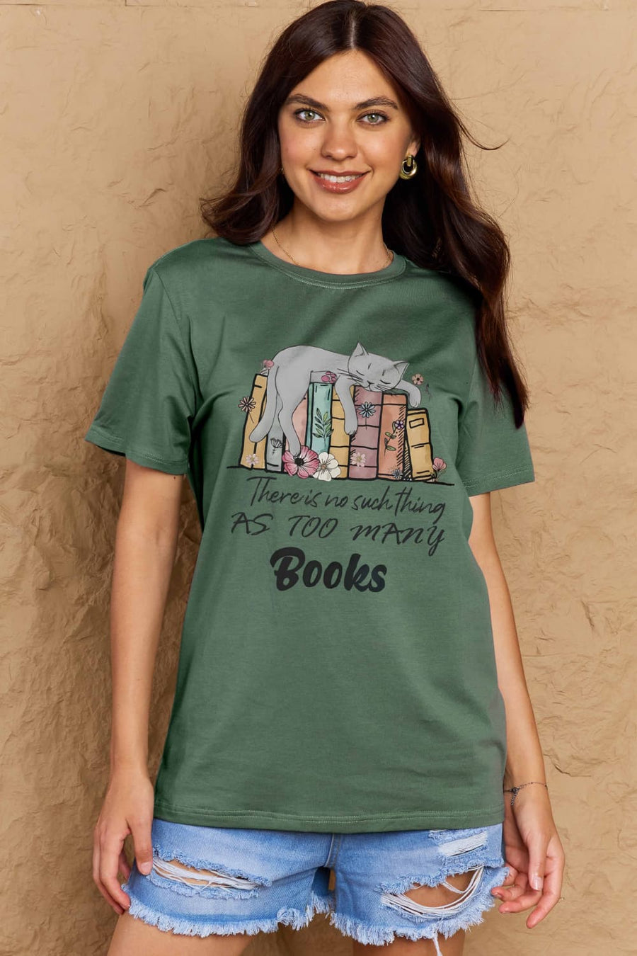 Simply Love Full Size Cat & Books Graphic Cotton Tee