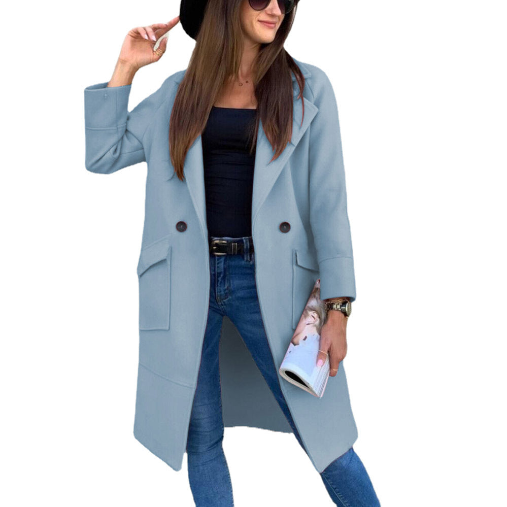 Outerwear-Solid Color Long Sleeve Blazer Trench