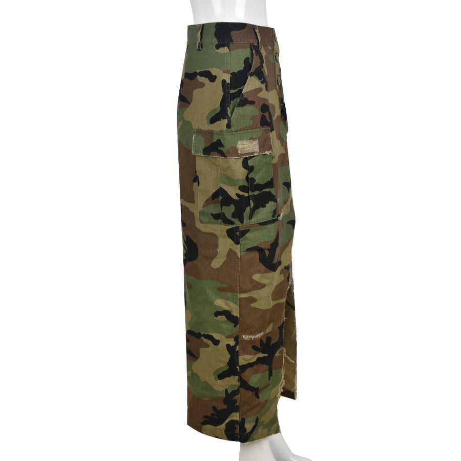 Bottoms-Camouflage Wash Pocket Slit Tassel Skirt