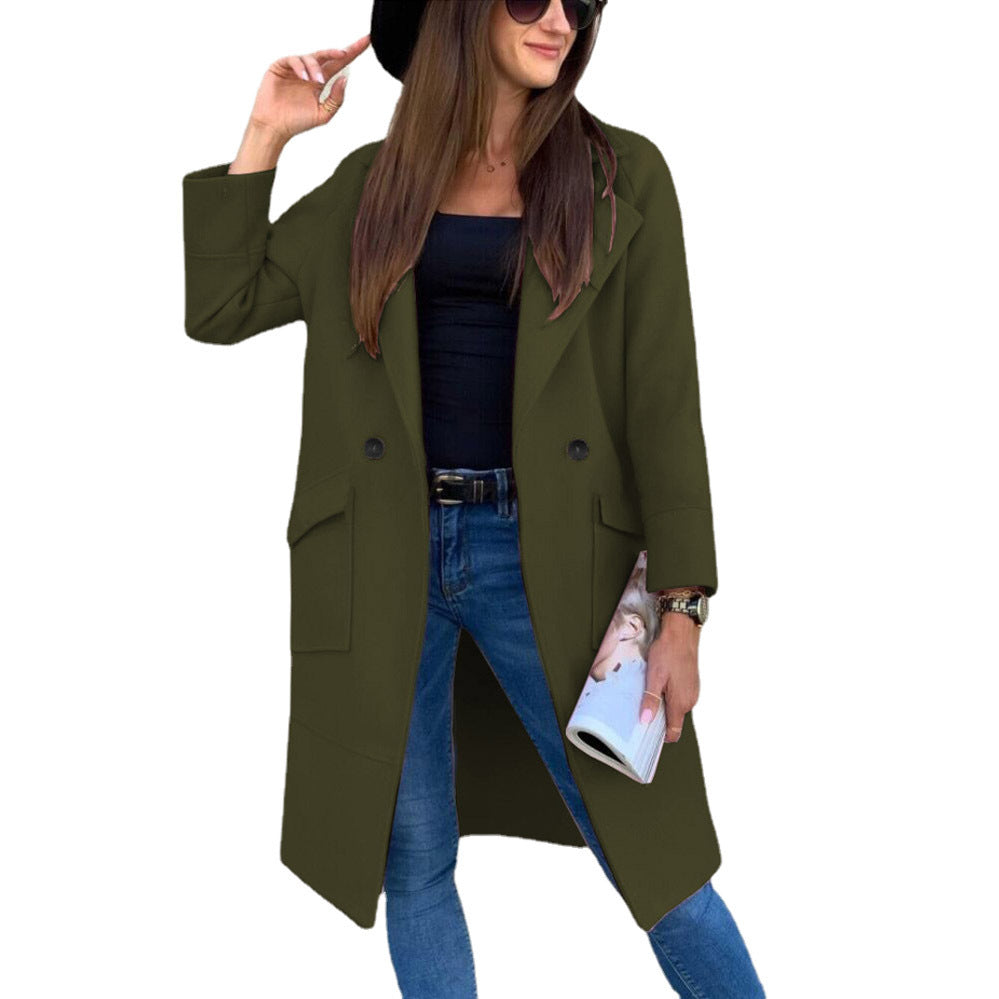 Outerwear-Solid Color Long Sleeve Blazer Trench