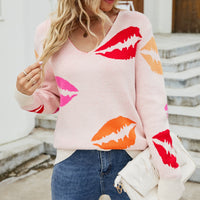 Lip Print V-Neck Knit Top