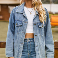 Buttoned Collared Neck Denim Jacket with Pockets