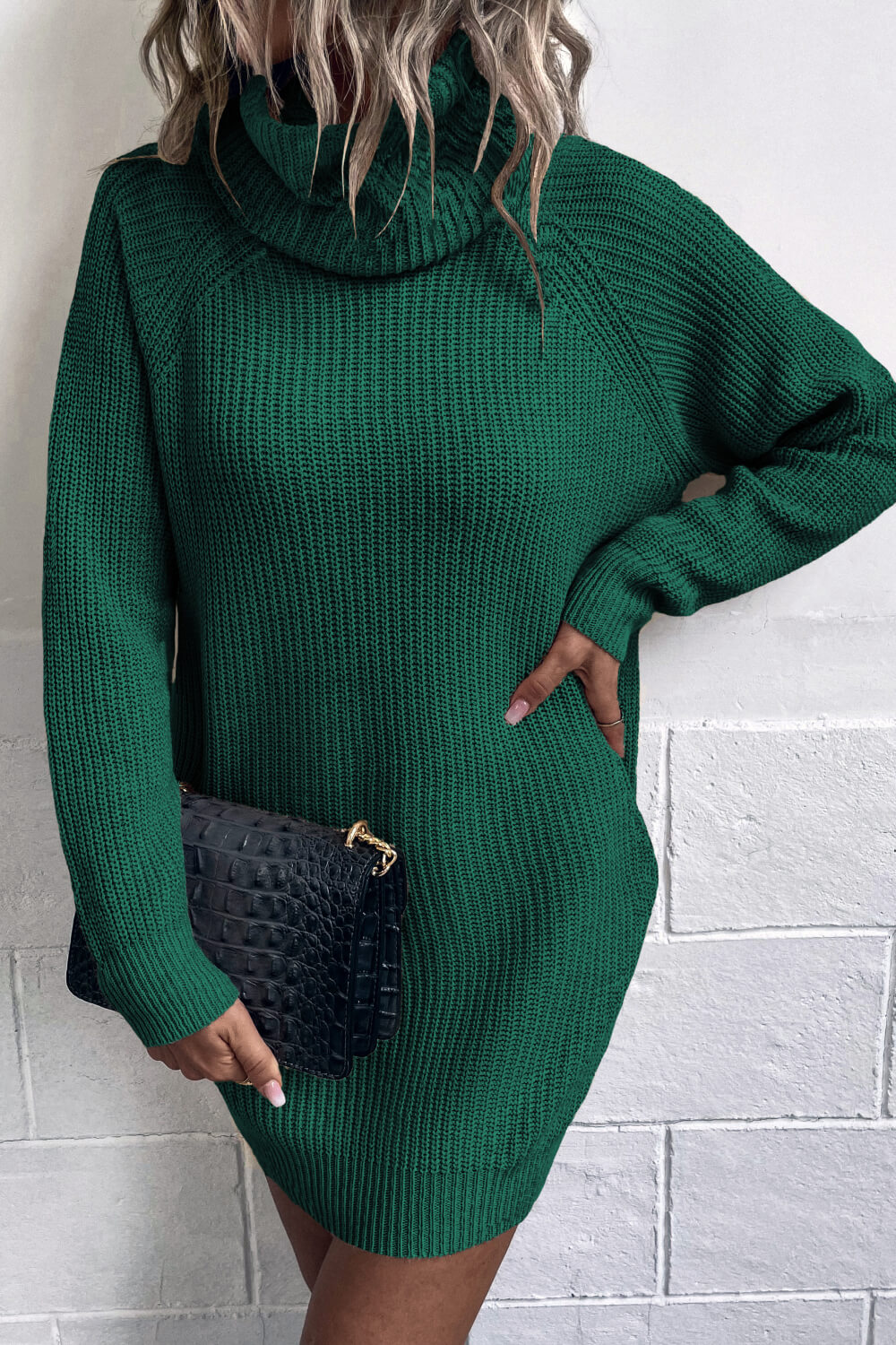 Turtleneck Raglan Sleeve Rib-Knit Dress with Pockets