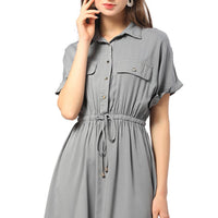 Half Button Drawstring Waist Short Sleeve Shirt Dress