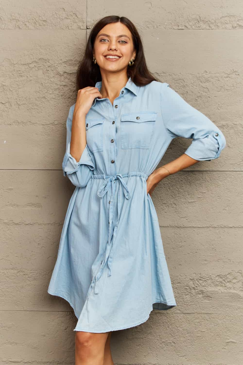 Ninexis Collared Neck Tie Waist Denim Dress