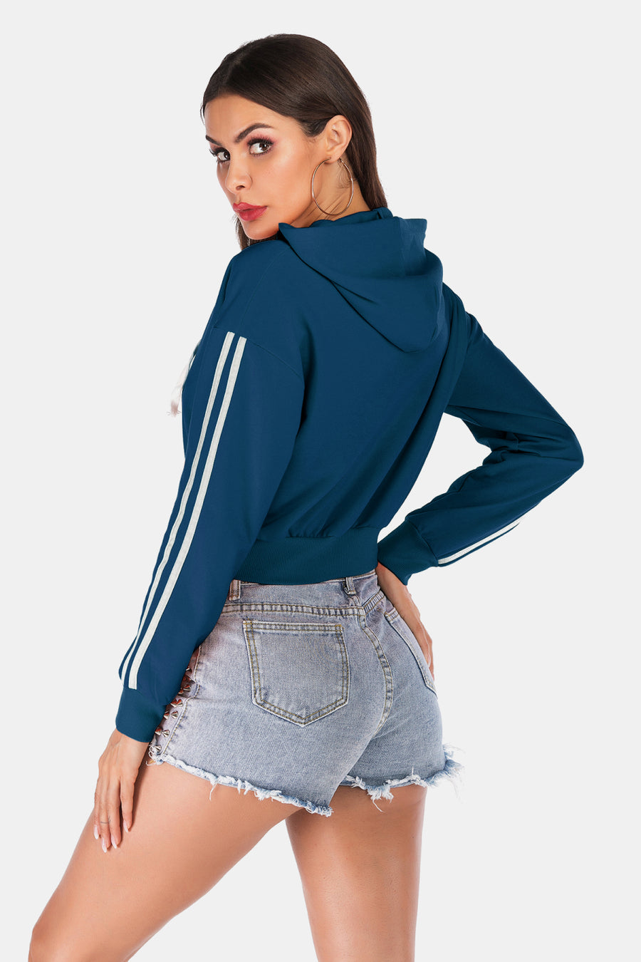 Side Stripe Drawstring Cropped Hooded Jacket