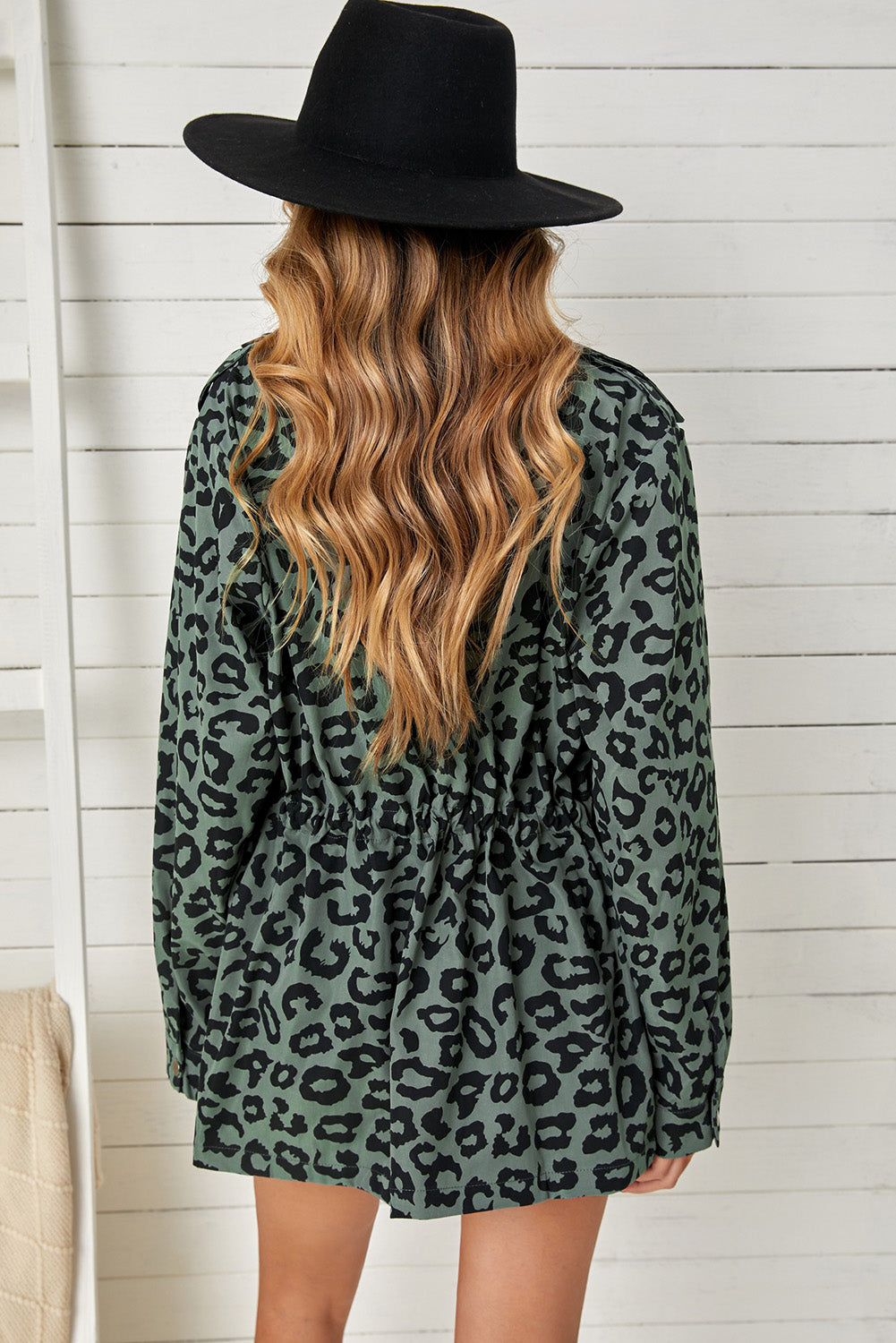 Leopard Drawstring Waist Shirt Jacket with Pockets