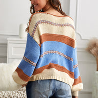 Striped V-Neck Dropped Shoulder Pullover Sweater